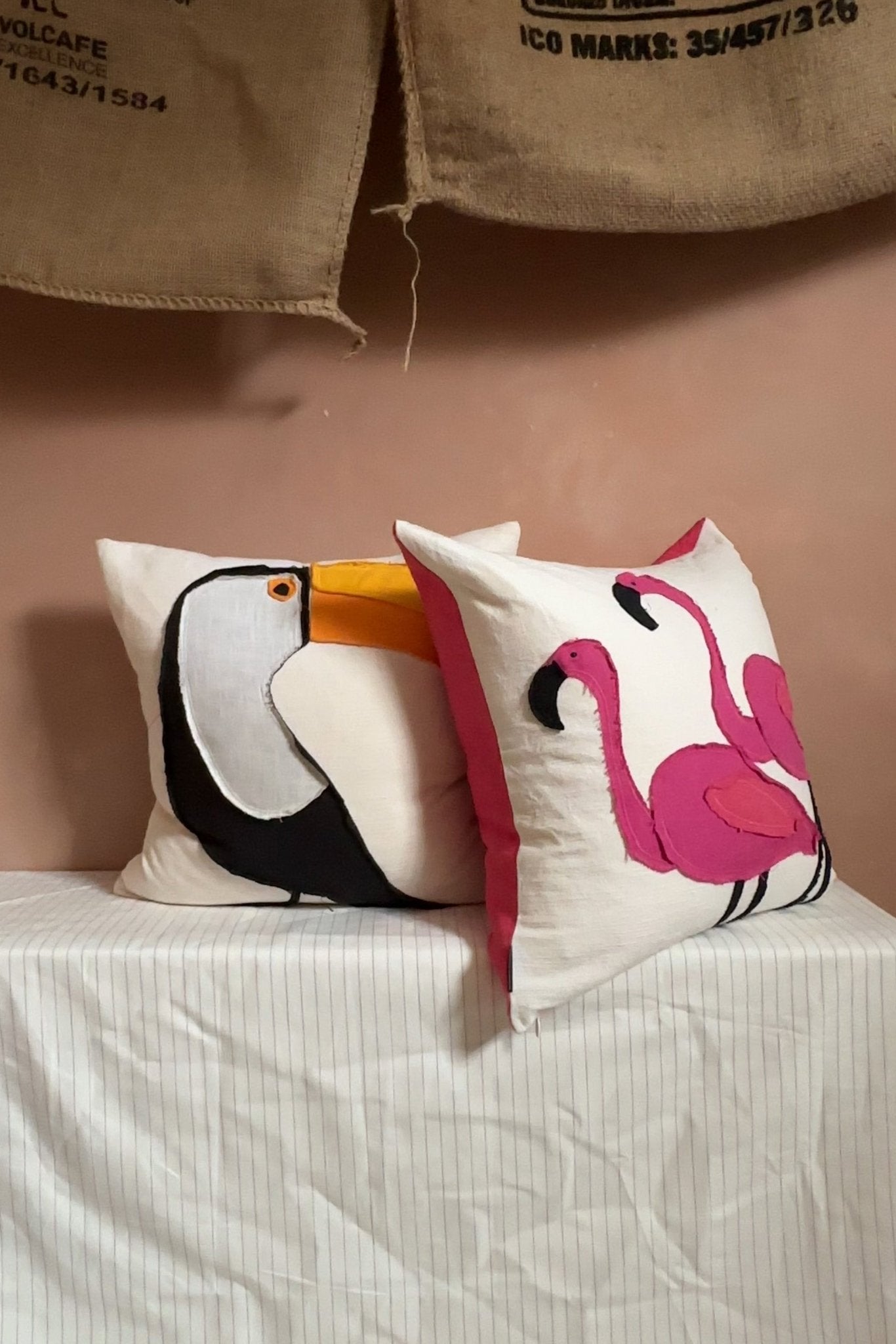 FLAMINGO! Handmade Appliqué Linen And Cotton Cushion - Biggs & Hill