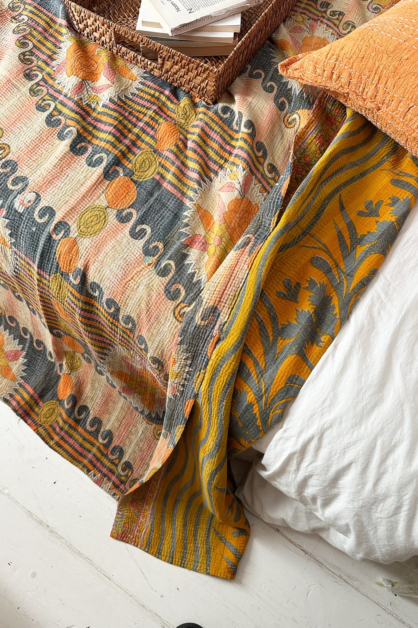 Large Vintage Fine Stitched Kantha Quilt In Retro Geometric Yellows and Pinks