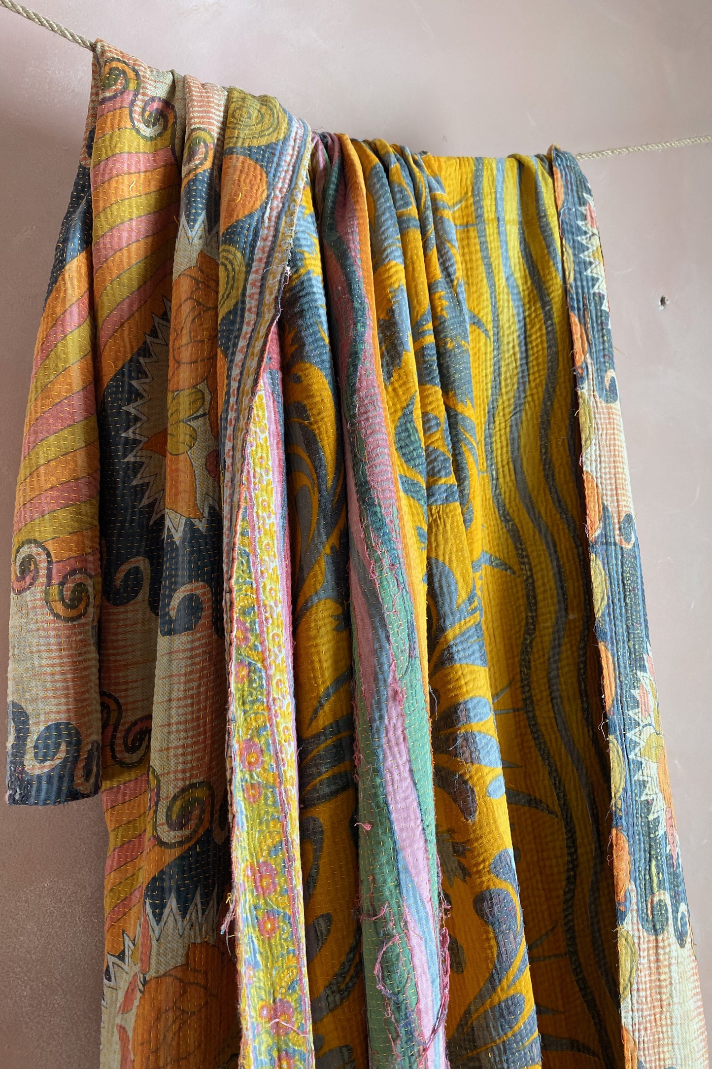 Large Vintage Fine Stitched Kantha Quilt In Retro Geometric Yellows and Pinks