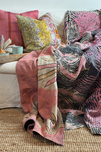 Large Vintage Fine Stitched Kantha Quilt In Abstract Pink and Purple - Biggs & Hill