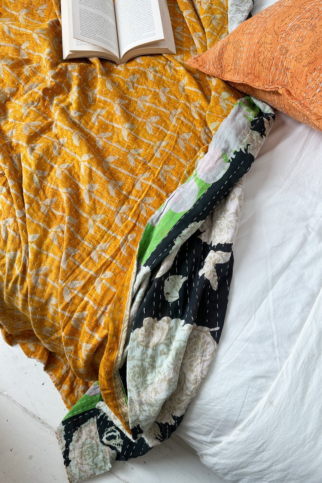 Large Vintage Kantha Quilt In Geometric White, Black And Yellow - Biggs & Hill