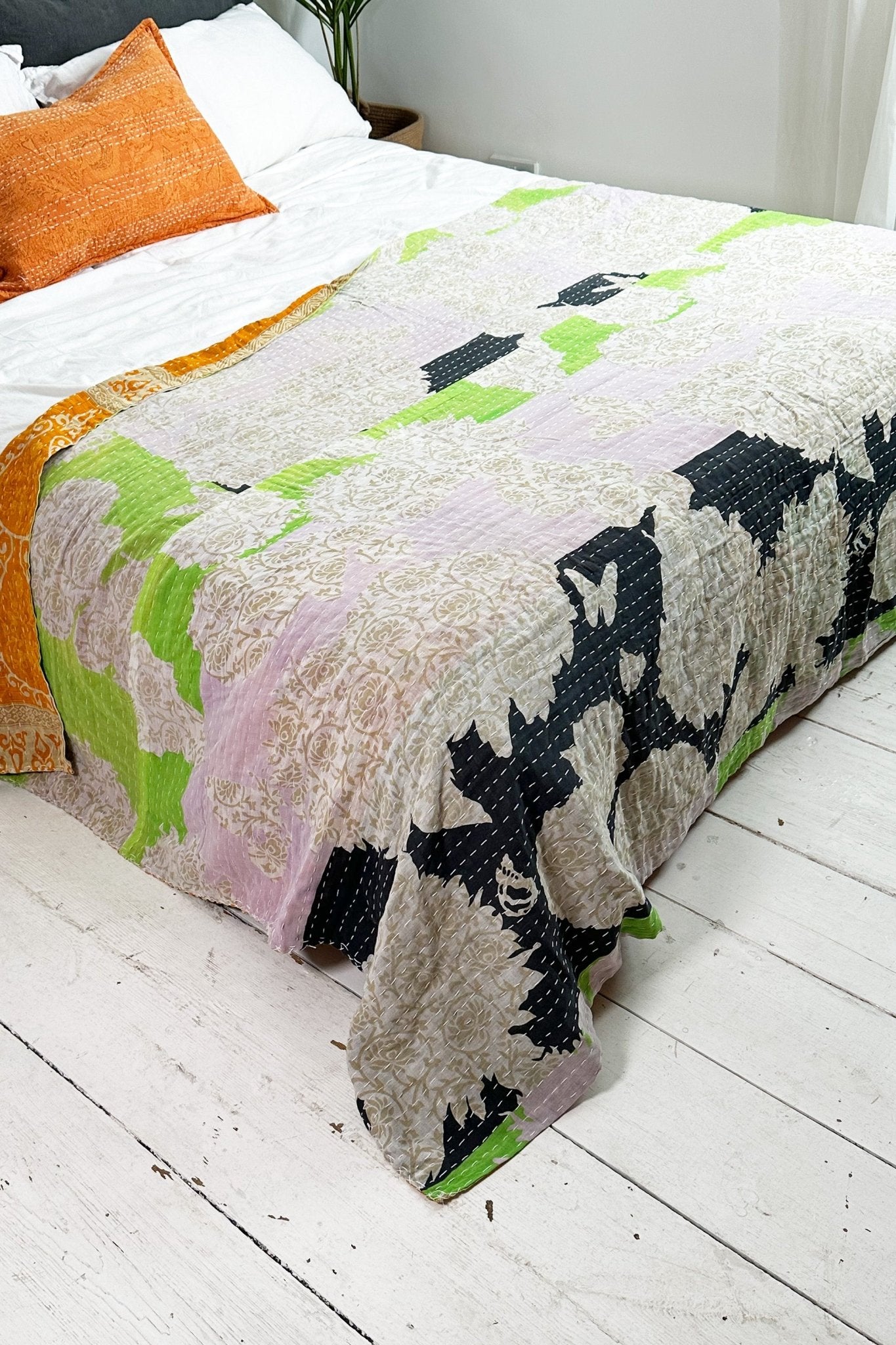 Large Vintage Kantha Quilt In Geometric White, Black And Yellow - Biggs & Hill