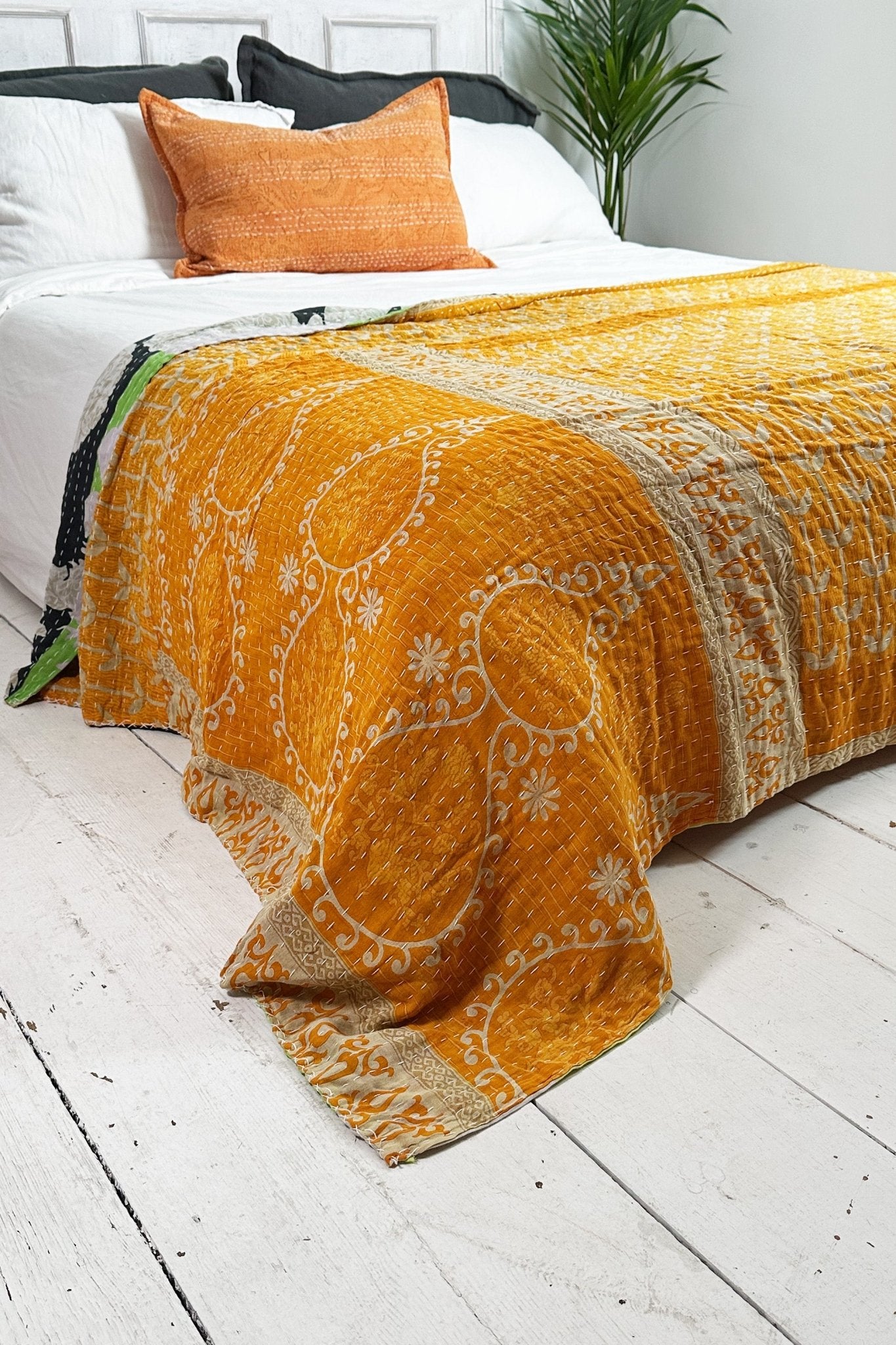 Large Vintage Kantha Quilt In Geometric White, Black And Yellow - Biggs & Hill