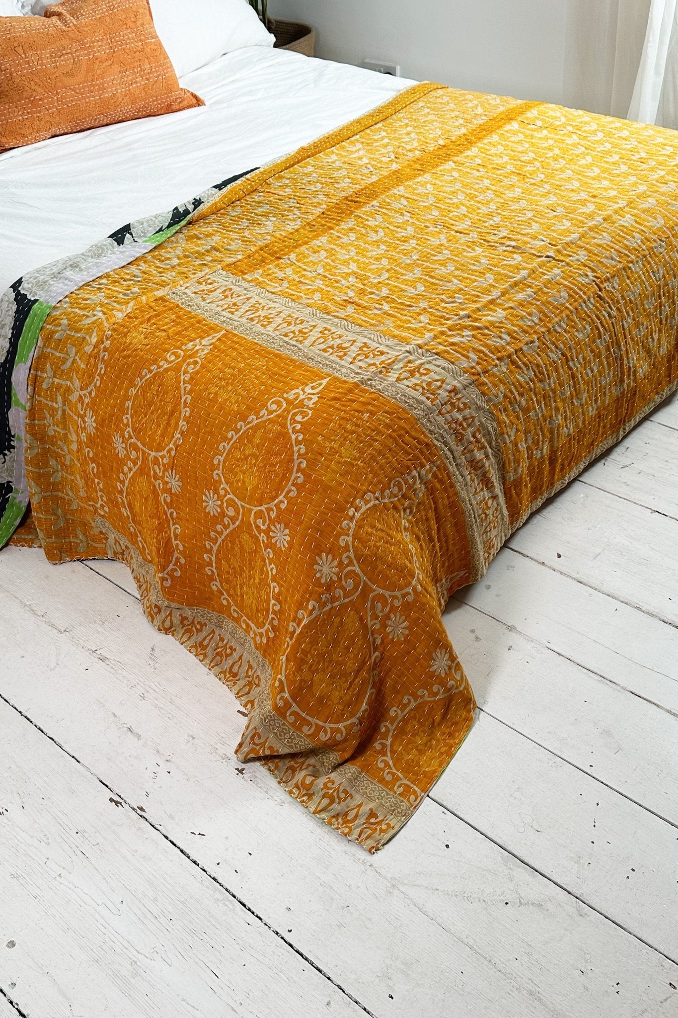 Large Vintage Kantha Quilt In Geometric White, Black And Yellow - Biggs & Hill