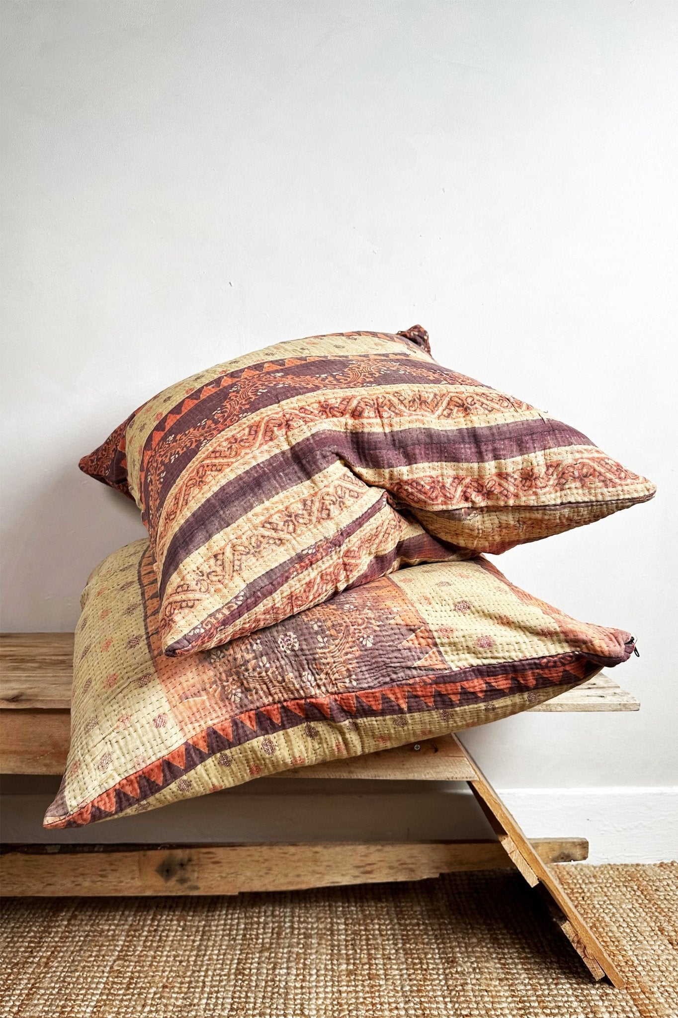 Vintage Kantha Cushion In Purples, Orange and Beige Square 60cm - Biggs & Hill - block print cushion - boho cushion