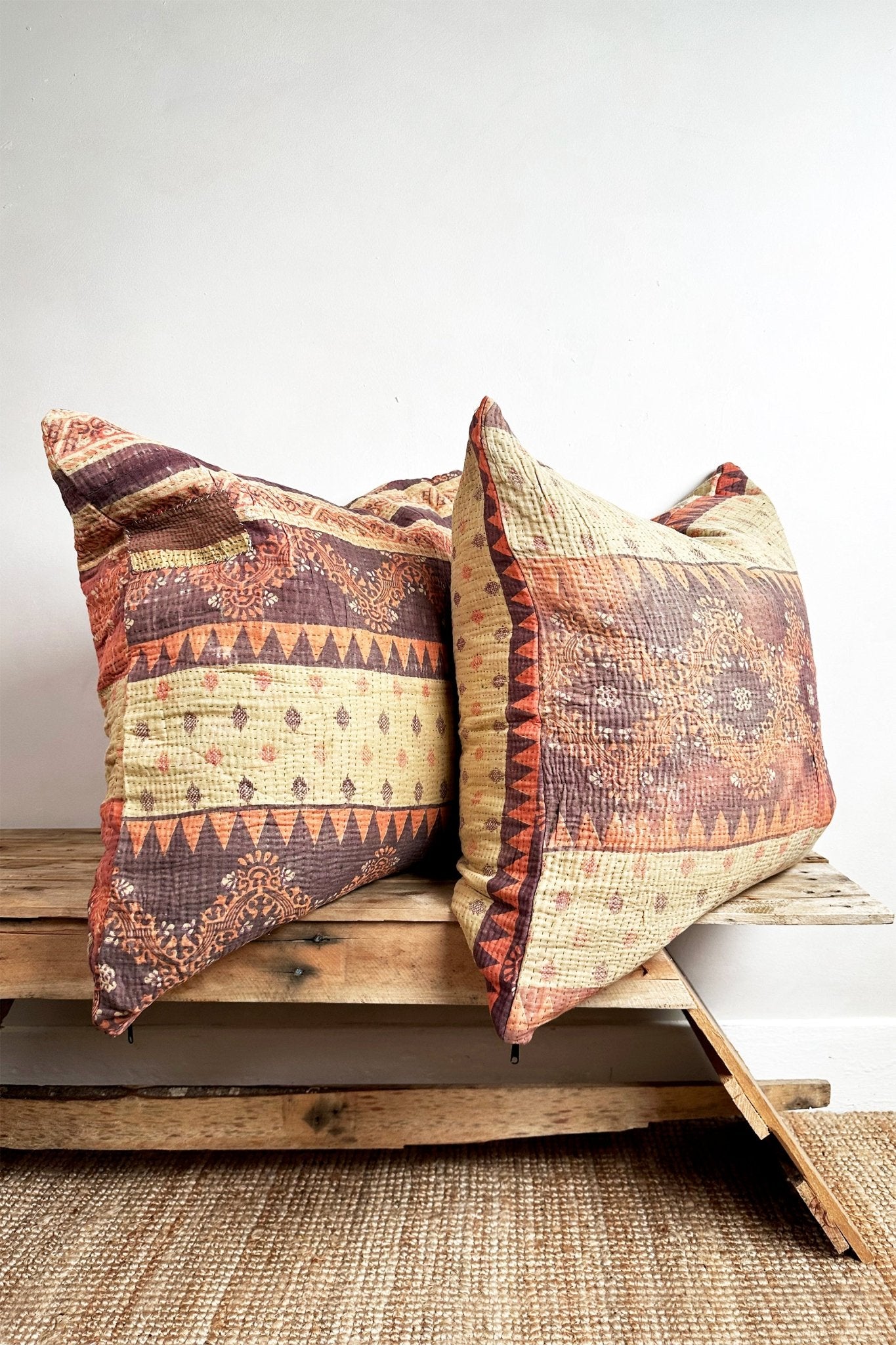 Vintage Kantha Cushion In Purples, Orange and Beige Square 60cm - Biggs & Hill - block print cushion - boho cushion