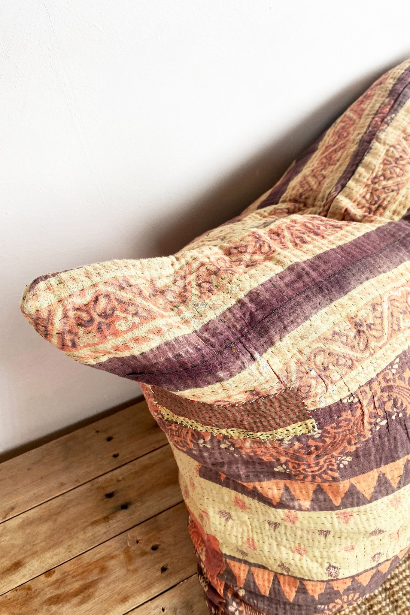 Vintage Kantha Cushion In Purples, Orange and Beige Square 60cm - Biggs & Hill - block print cushion - boho cushion