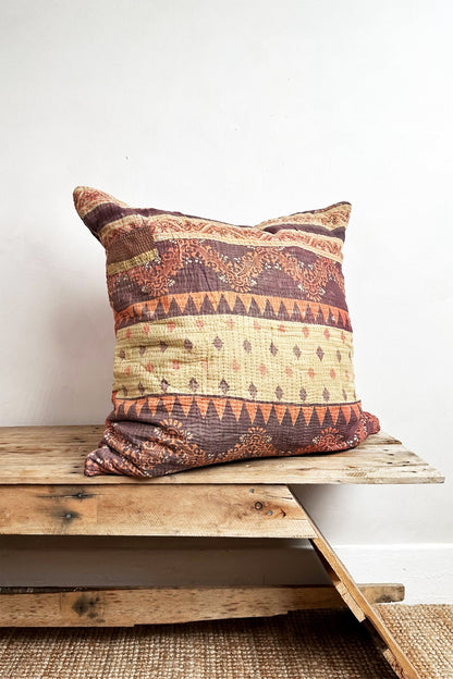 Vintage Kantha Cushion In Purples, Orange and Beige Square 60cm - Biggs & Hill - block print cushion - boho cushion