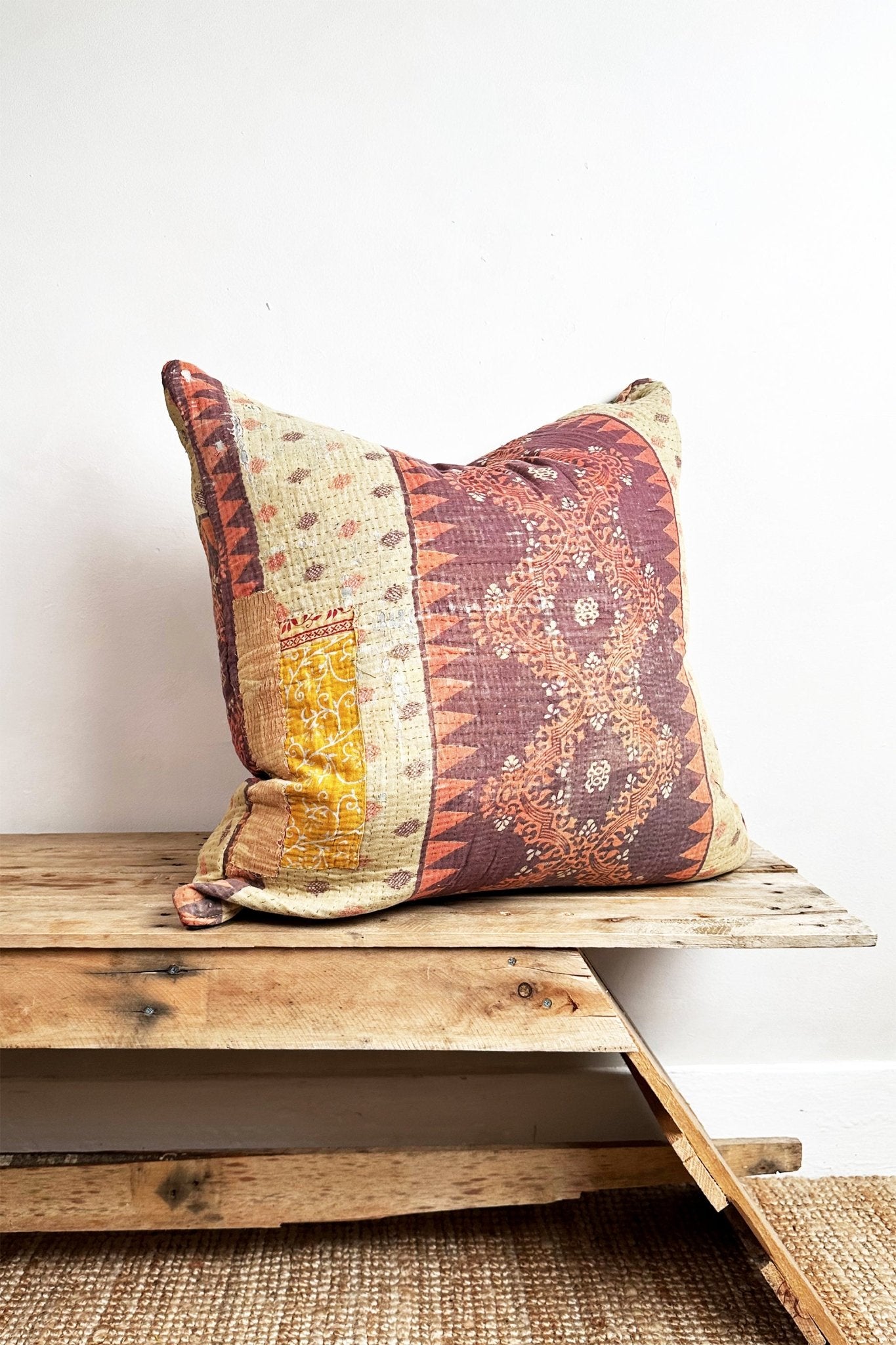 Vintage Kantha Cushion In Purples, Orange and Beige Square 60cm - Biggs & Hill - block print cushion - boho cushion