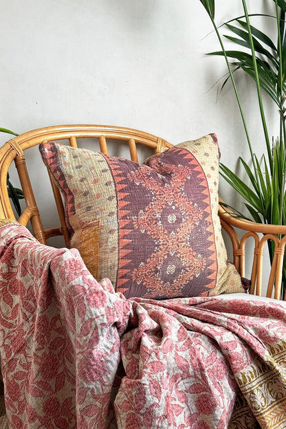 Vintage Kantha Cushion In Purples, Orange and Beige Square 60cm - Biggs & Hill - block print cushion - boho cushion