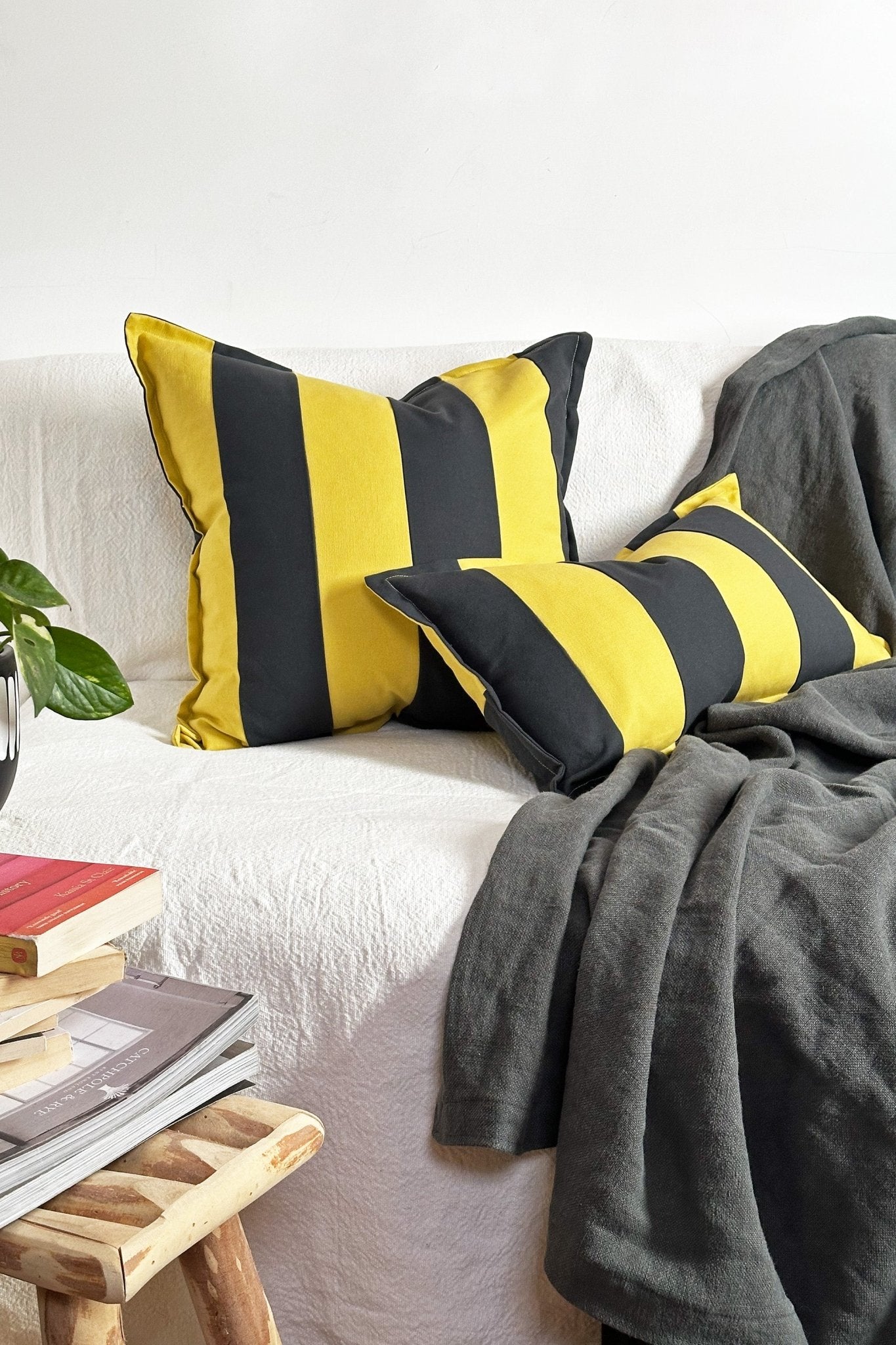 Lime Green And Graphite Candy Striped Cotton Square Cushion - Biggs & Hill