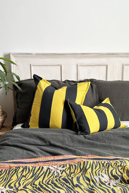 Lime Green And Graphite Candy Striped Cotton Square Cushion - Biggs & Hill