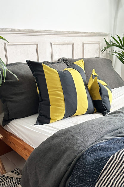 Lime Green And Graphite Candy Striped Cotton Square Cushion - Biggs & Hill