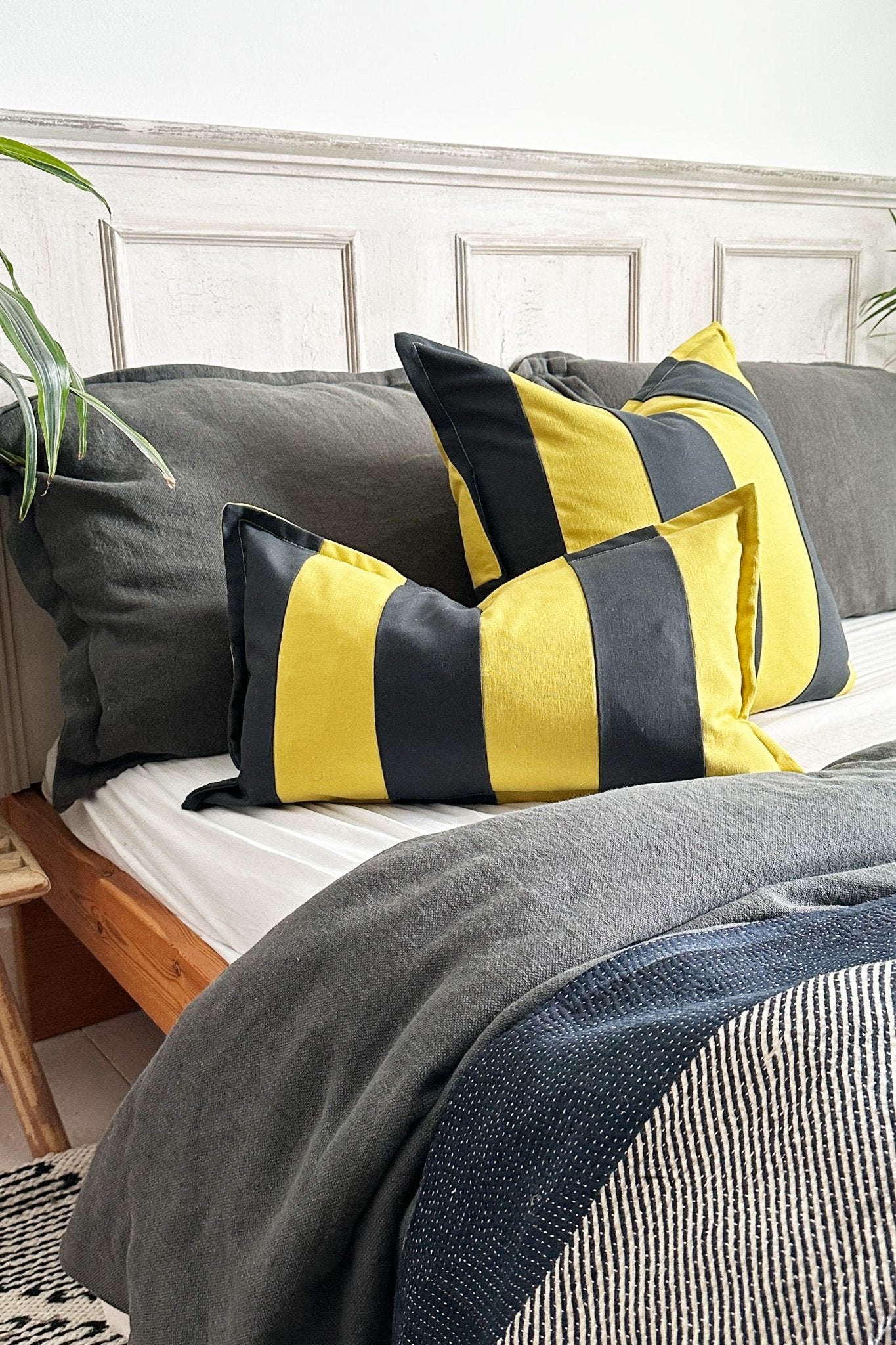 Lime Green and Graphite Candy Striped Cotton Rectangular Cushion - Biggs & Hill