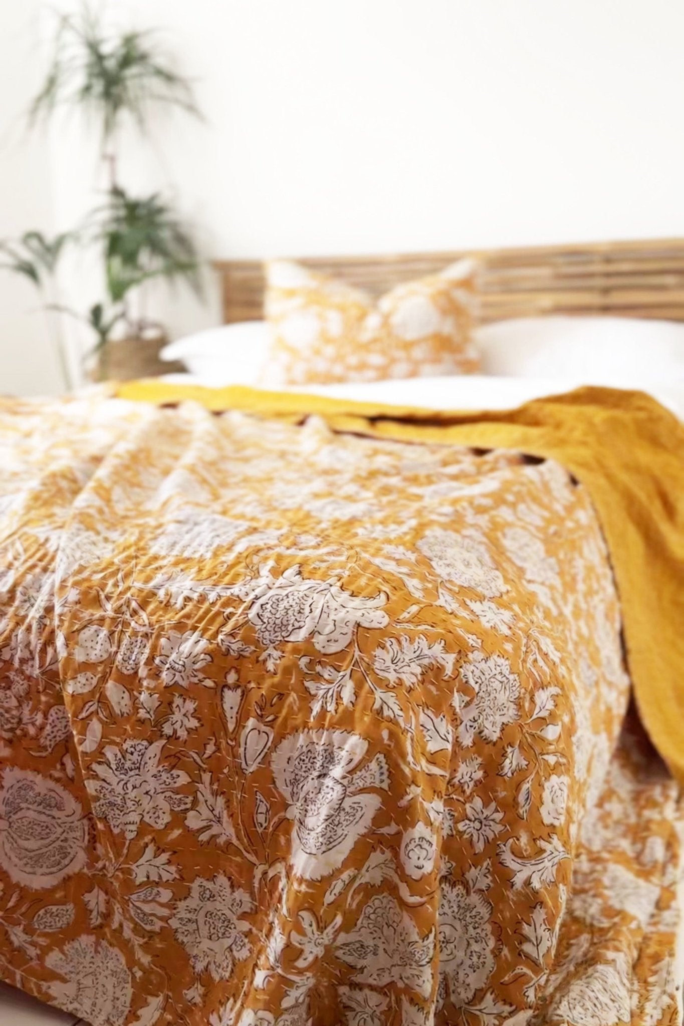 Mustard Hand Printed King Size Kantha Bedspread - Biggs & Hill