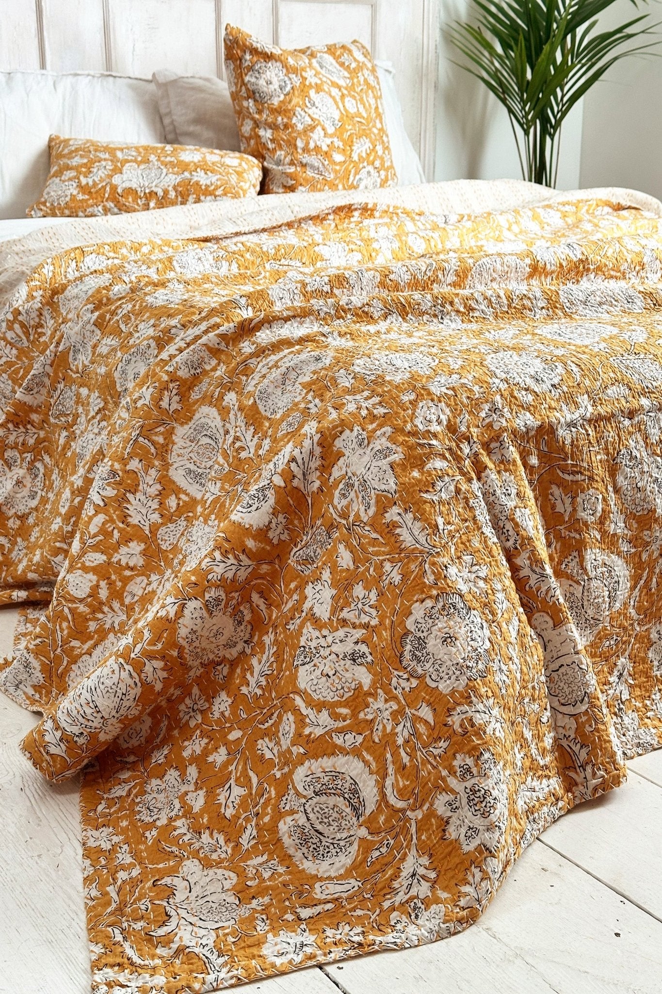 Mustard Hand Printed Floral Kantha Bedspread - Biggs & Hill