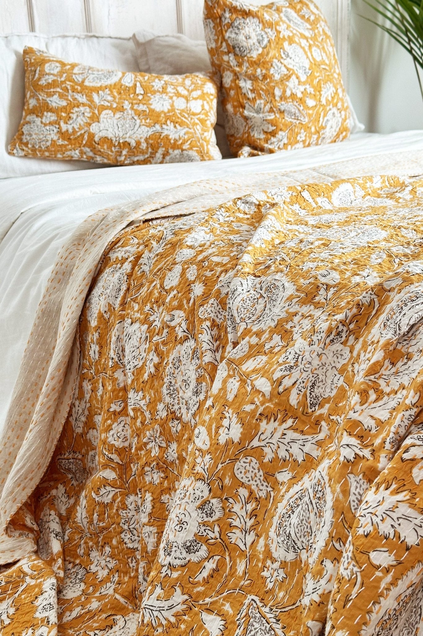 Mustard Hand Printed Floral Kantha Bedspread - Biggs & Hill