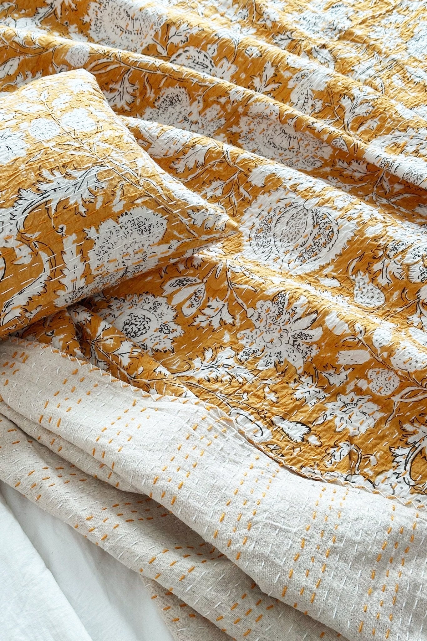 Mustard Hand Printed Floral Kantha Bedspread - Biggs & Hill