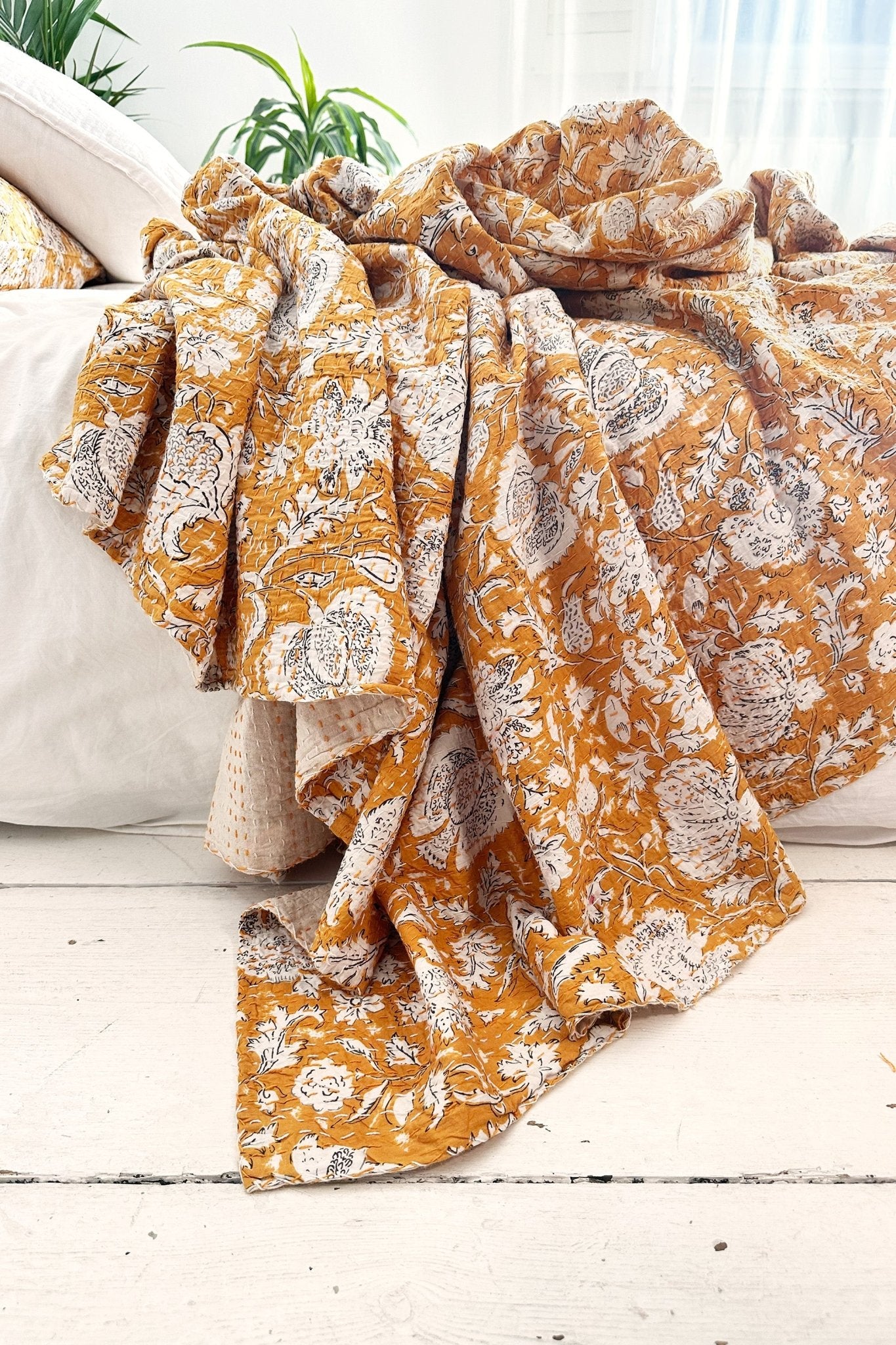 Mustard Hand Printed Floral Kantha Bedspread - Biggs & Hill