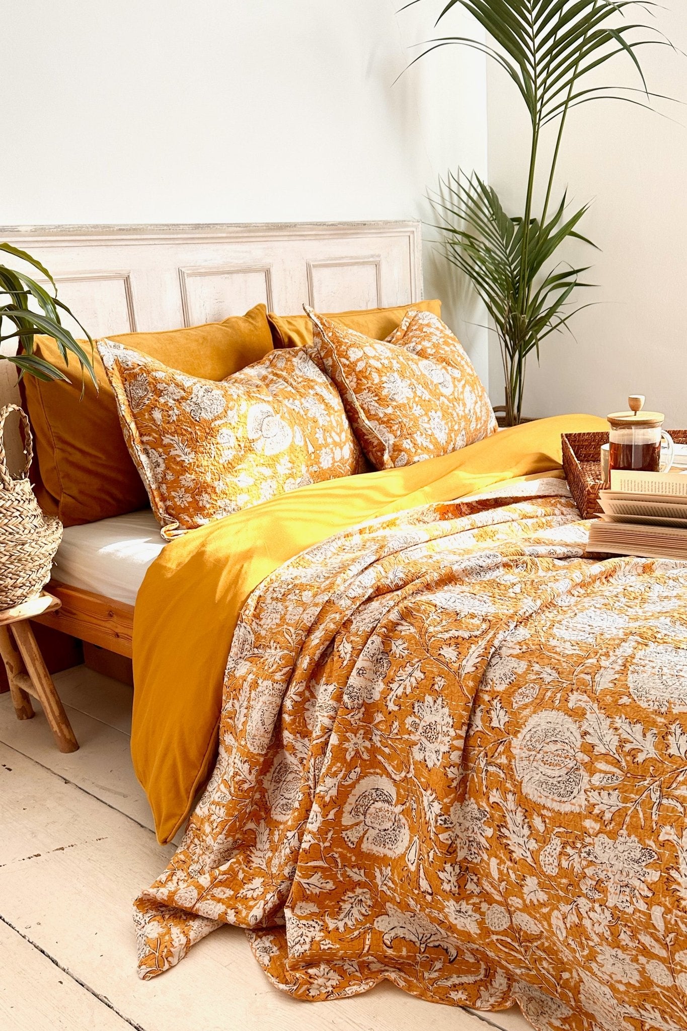 Yellow Floral Kantha Pillow Cover - Biggs & Hill