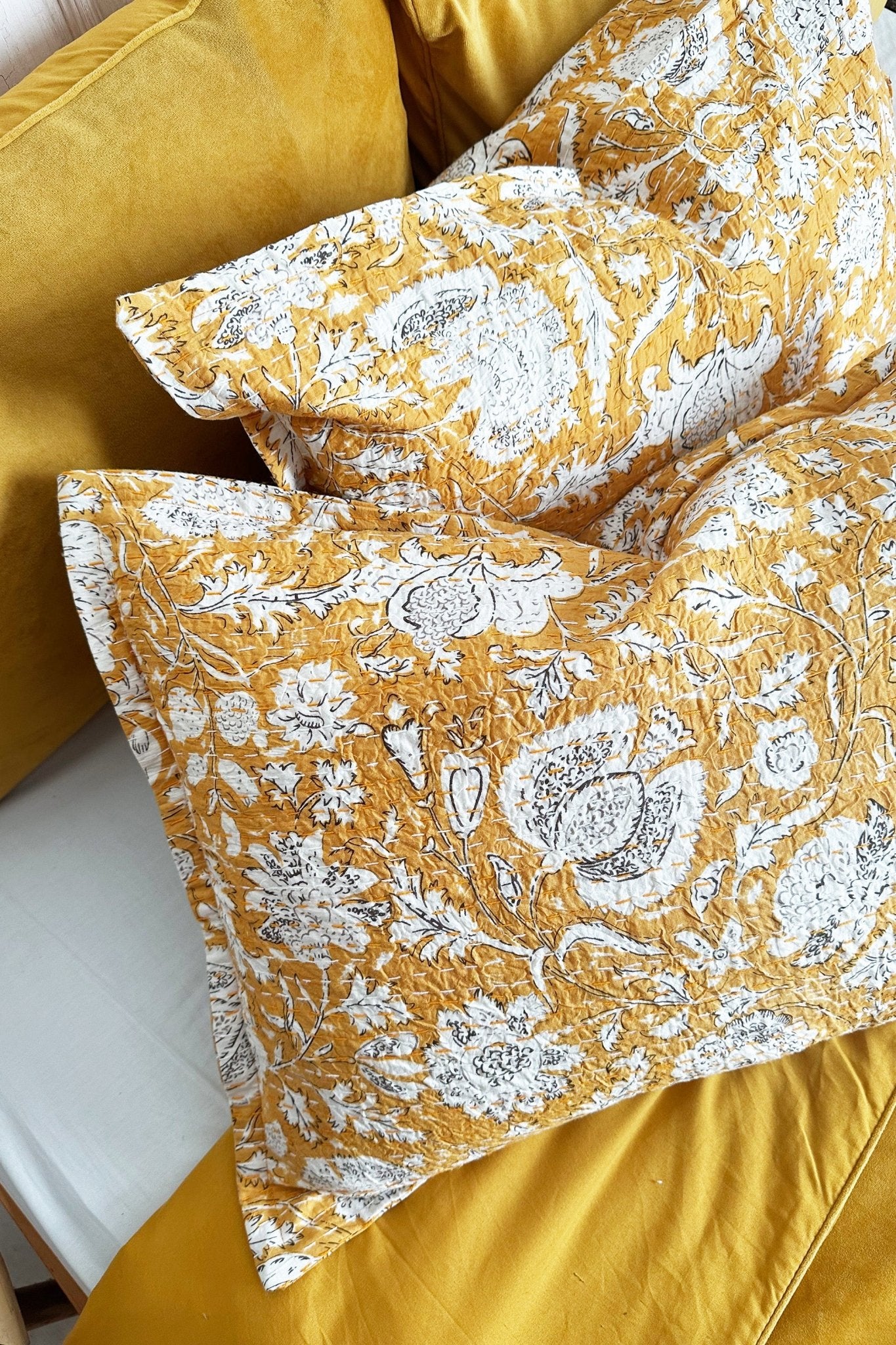 Yellow Floral Kantha Hand Stitched Pillowcase - Biggs & Hill