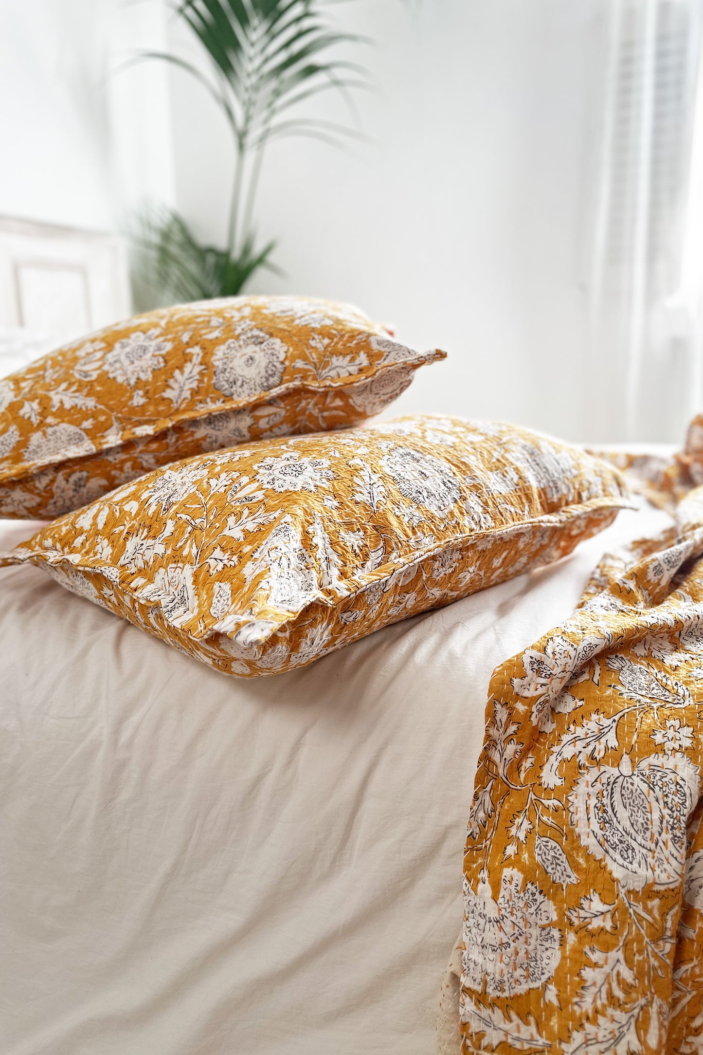 Yellow Floral Kantha Hand Stitched Pillowcase