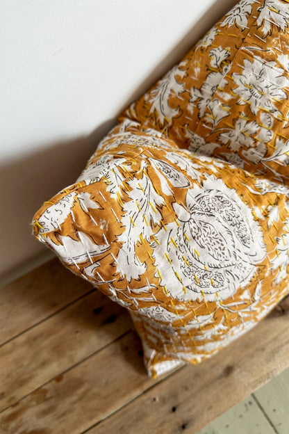 Mustard Yellow Floral Cushion, Block Printed and Hand Stitched Kantha Cotton - Biggs & Hill