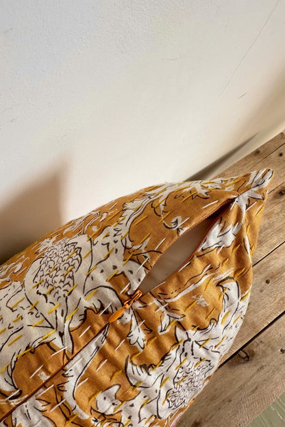 Mustard Yellow Floral Cushion, Block Printed and Hand Stitched Kantha Cotton - Biggs & Hill