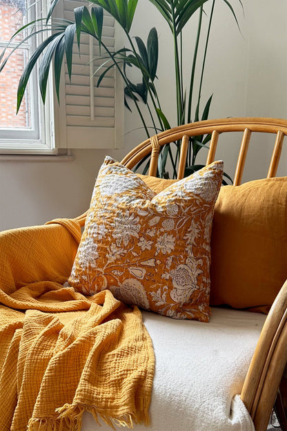 Mustard Yellow Floral Cushion, Block Printed and Hand Stitched Kantha Cotton - Biggs & Hill