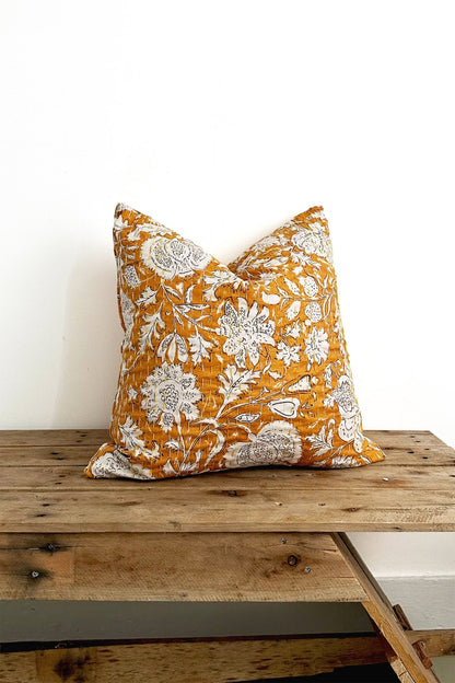 Mustard Yellow Floral Cushion, Block Printed and Hand Stitched Kantha Cotton - Biggs & Hill