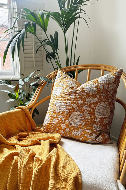 Mustard Yellow Floral Cushion, Block Printed and Hand Stitched Kantha Cotton - Biggs & Hill