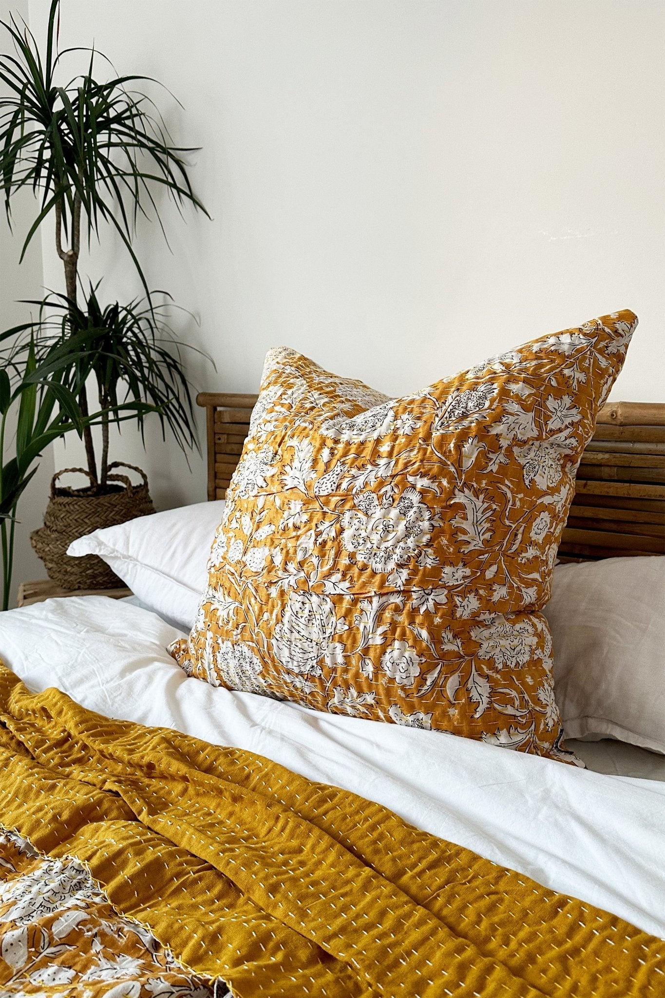 Mustard Yellow Floral Cushion, Block Printed and Hand Stitched Kantha Cotton - Biggs & Hill - Cushion Covers - block print cushion - bolster cushion - cushion cover