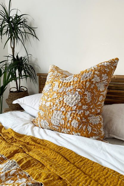 Mustard Yellow Floral Cushion, Block Printed and Hand Stitched Kantha Cotton - Biggs & Hill