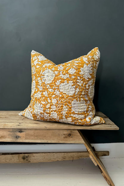 Mustard Yellow Floral Cushion, Block Printed and Hand Stitched Kantha Cotton - Biggs & Hill