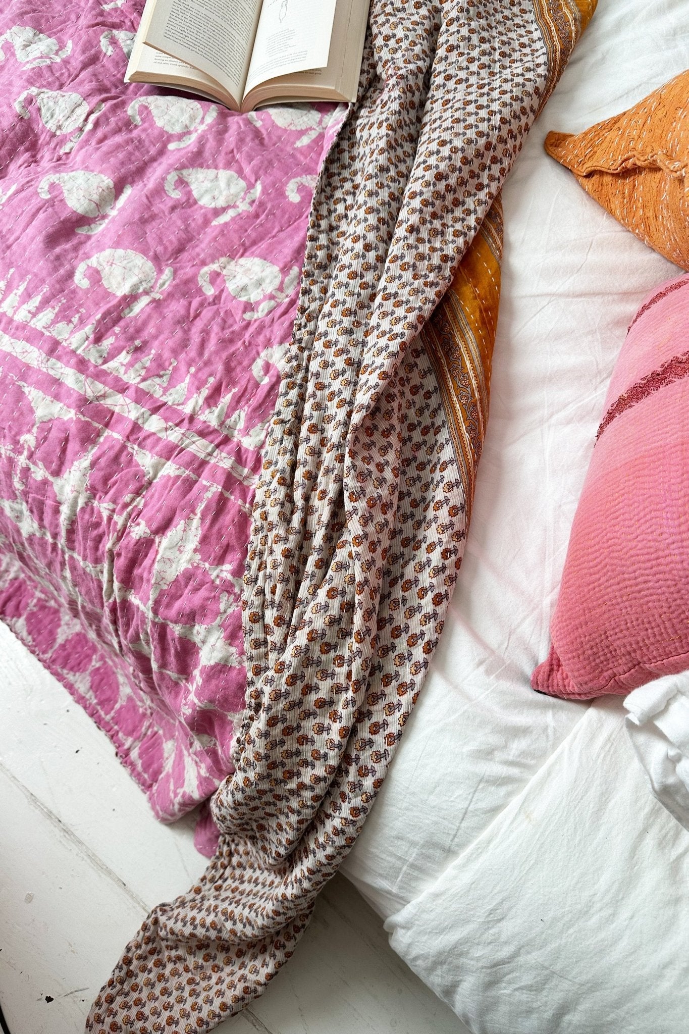 Large Vintage Kantha Quilt In Pastel Pink and Brown Paisley - Biggs & Hill