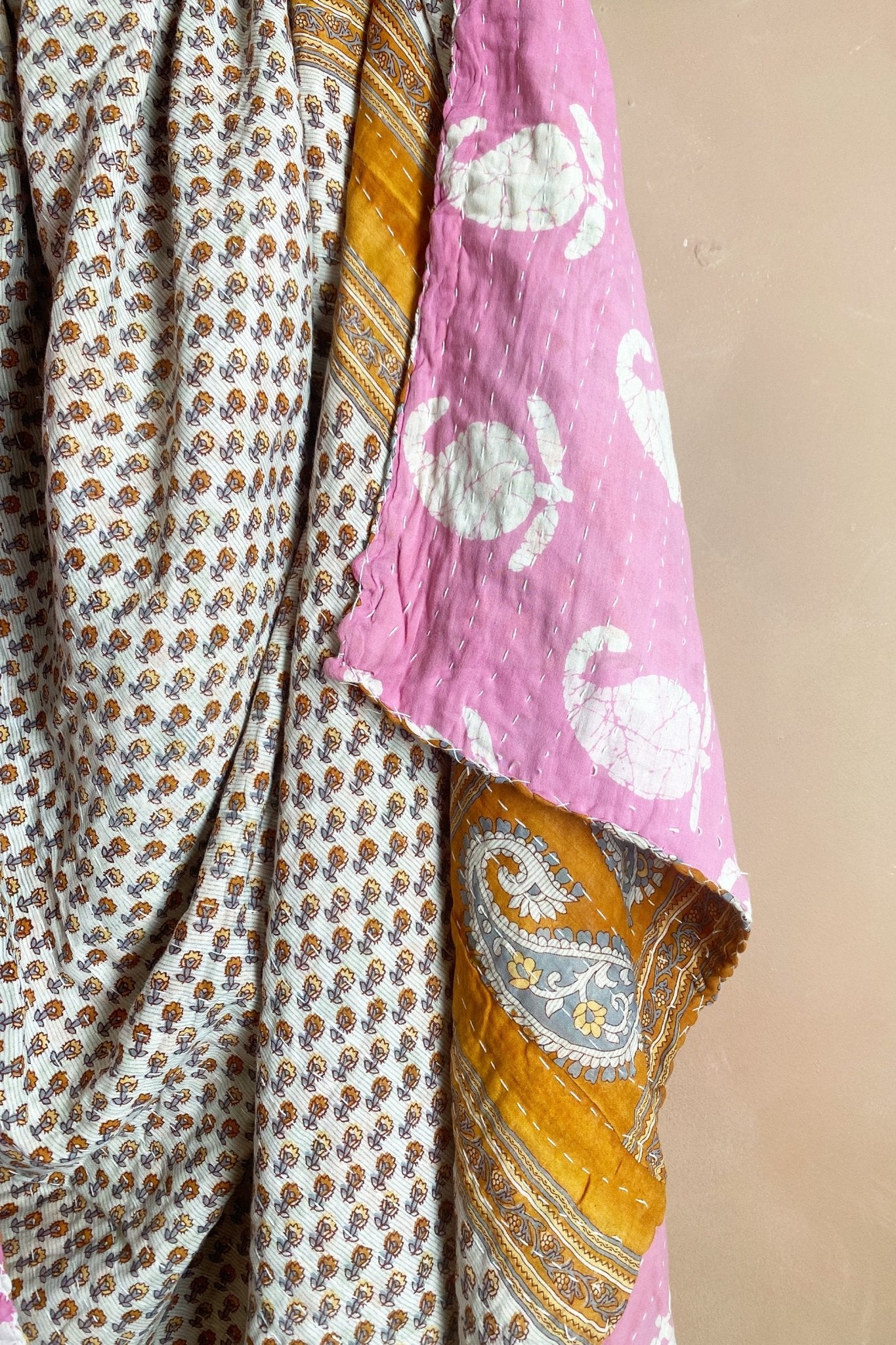 Large Vintage Kantha Quilt In Pastel Pink and Brown Paisley - Biggs & Hill