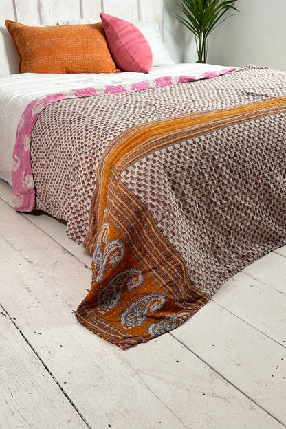 Large Vintage Kantha Quilt In Pastel Pink and Brown Paisley - Biggs & Hill