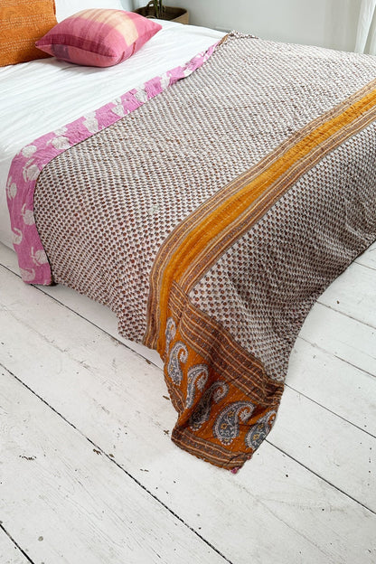 Large Vintage Kantha Quilt In Pastel Pink and Brown Paisley - Biggs & Hill