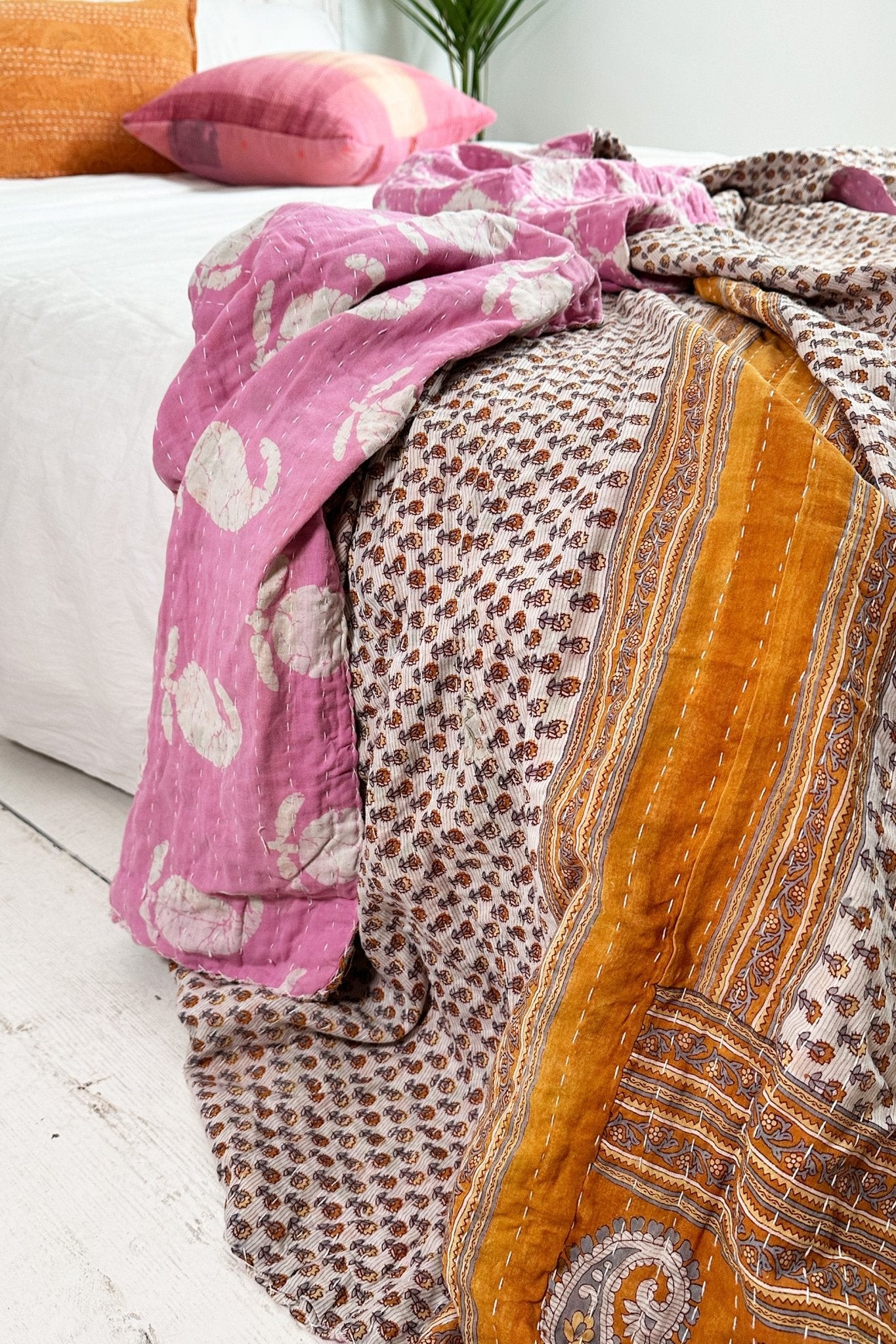 Large Vintage Kantha Quilt In Pastel Pink and Brown Paisley - Biggs & Hill