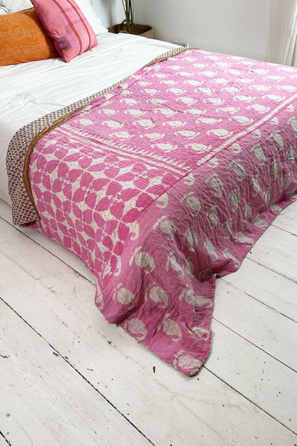 Large Vintage Kantha Quilt In Pastel Pink and Brown Paisley - Biggs & Hill