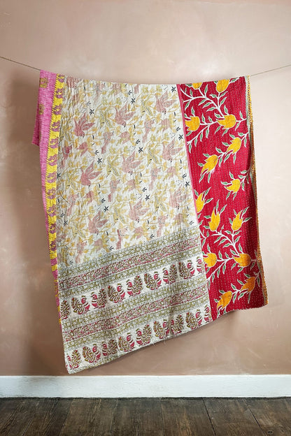 Large Vintage Kantha Quilt In Geometric Yellow and Pink - Biggs & Hill