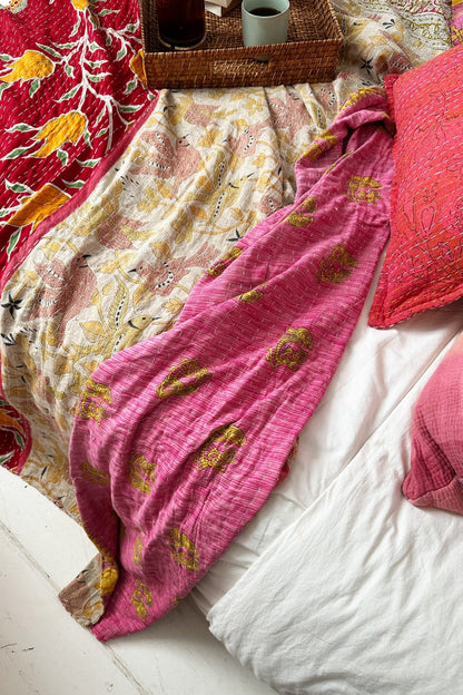 Large Vintage Kantha Quilt In Geometric Yellow and Pink - Biggs & Hill