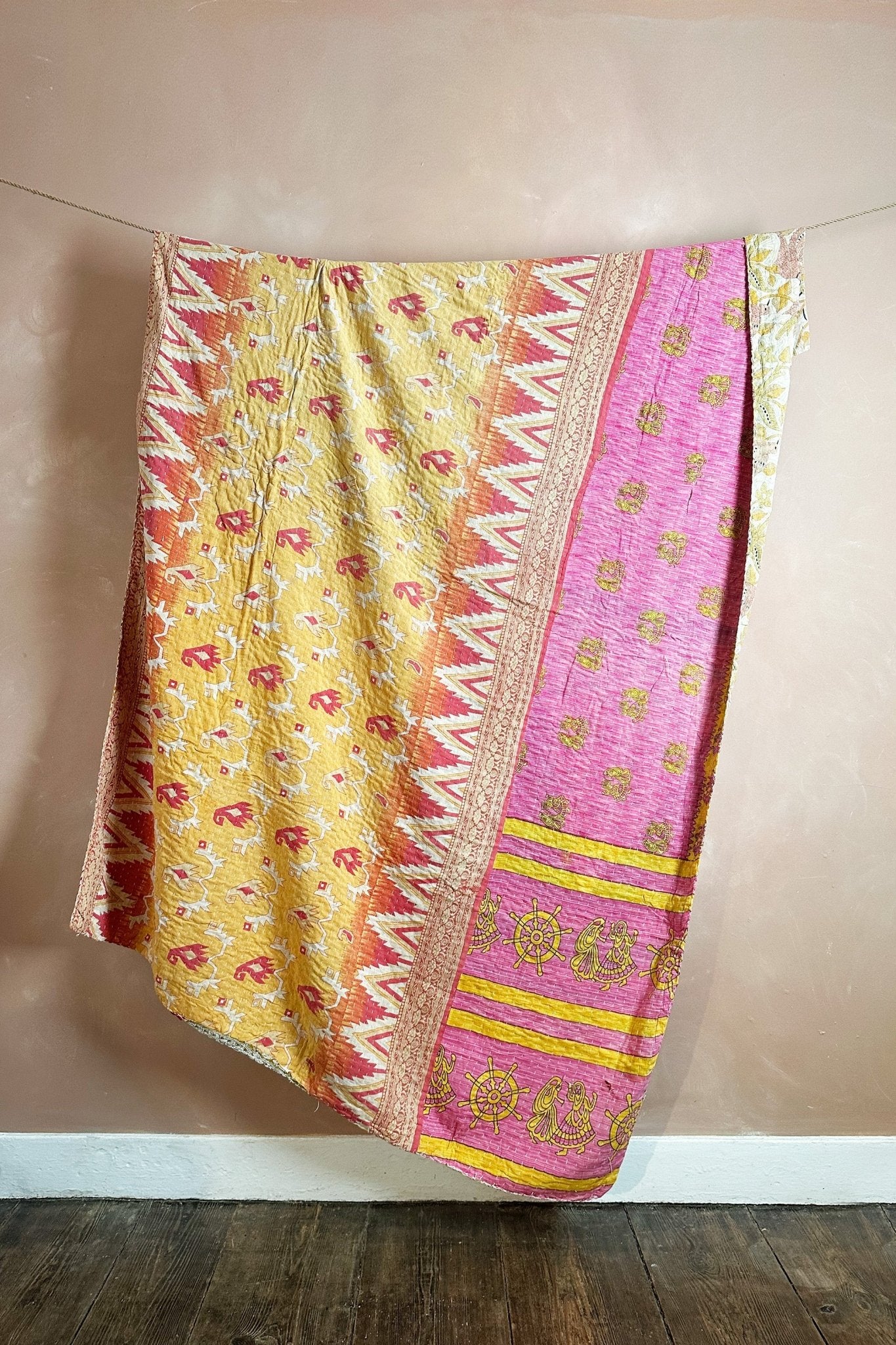 Large Vintage Kantha Quilt In Geometric Yellow and Pink - Biggs & Hill