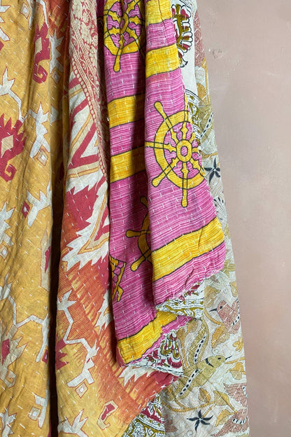 Large Vintage Kantha Quilt In Geometric Yellow and Pink - Biggs & Hill