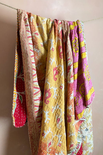 Large Vintage Kantha Quilt In Geometric Yellow and Pink - Biggs & Hill