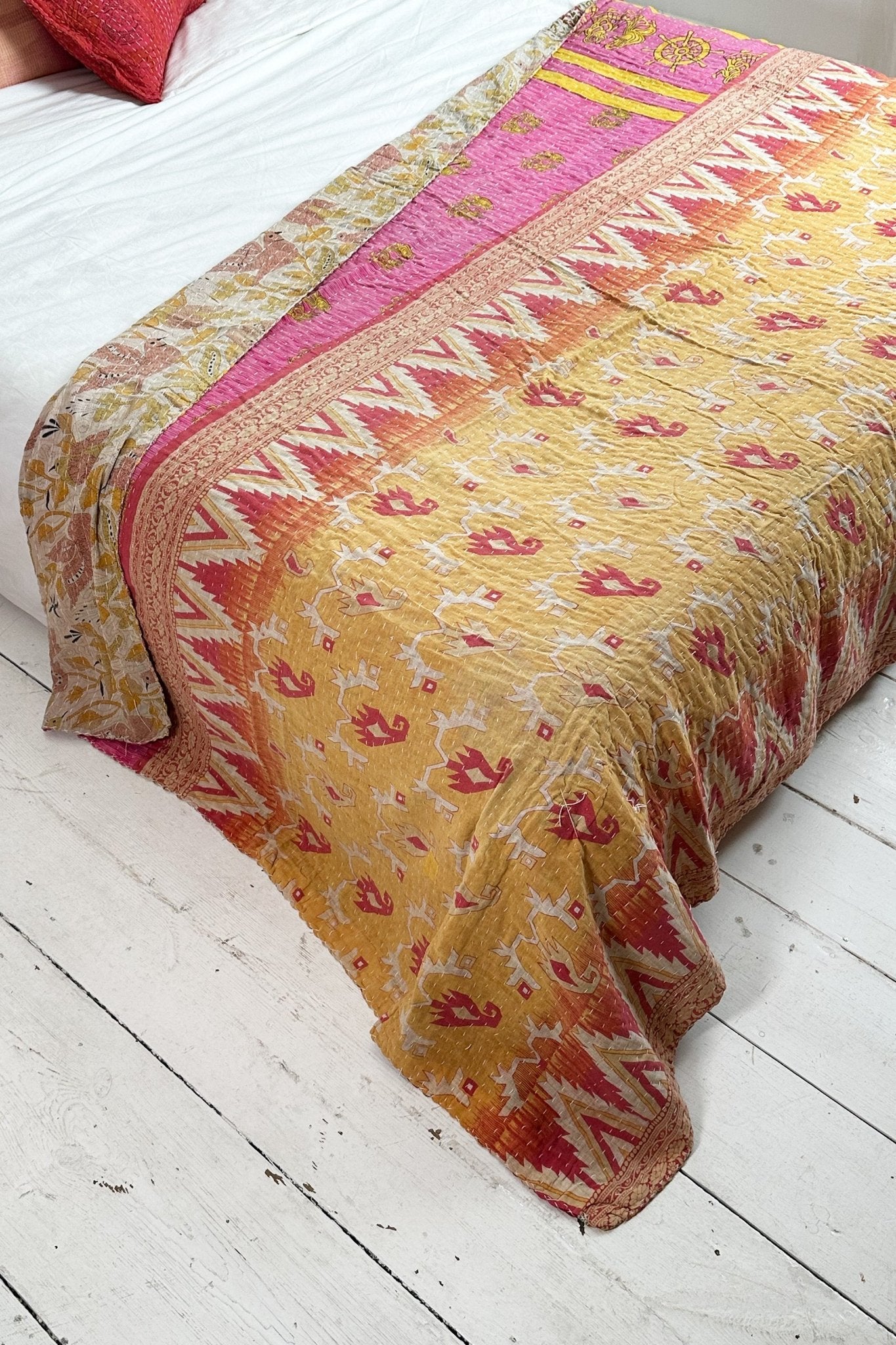 Large Vintage Kantha Quilt In Geometric Yellow and Pink - Biggs & Hill