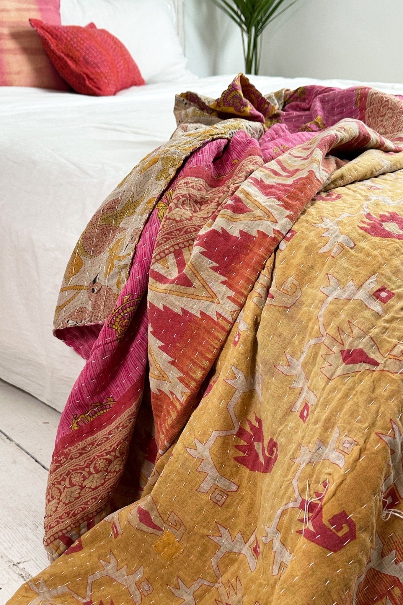 Large Vintage Kantha Quilt In Geometric Yellow and Pink - Biggs & Hill