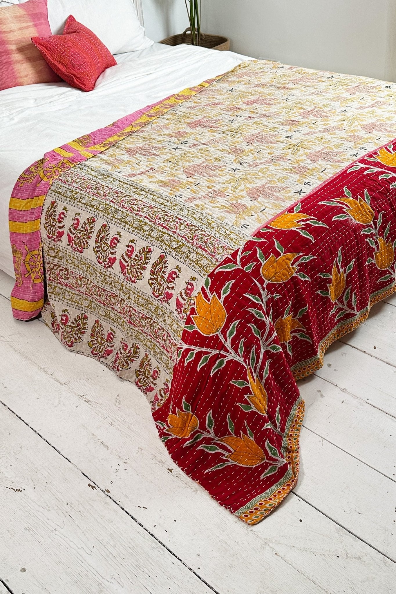 Large Vintage Kantha Quilt In Geometric Yellow and Pink - Biggs & Hill