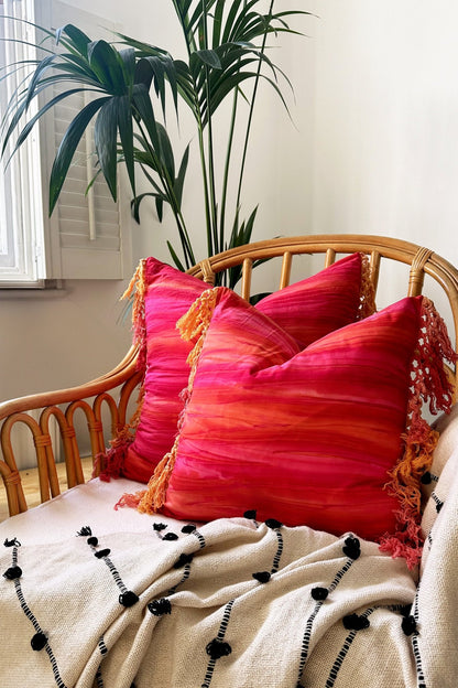 Pink Batik Hand Dyed Boho Cushion With Tie Dye Fringes - Biggs & Hill