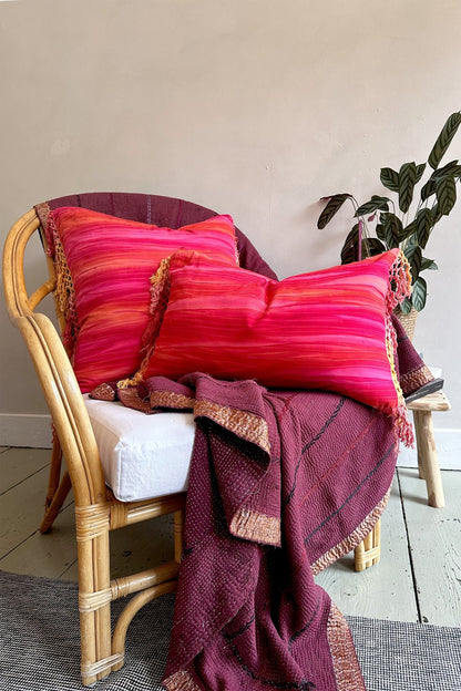 Pink Batik Hand Dyed Boho Cushion With Tie Dye Fringes - Biggs & Hill